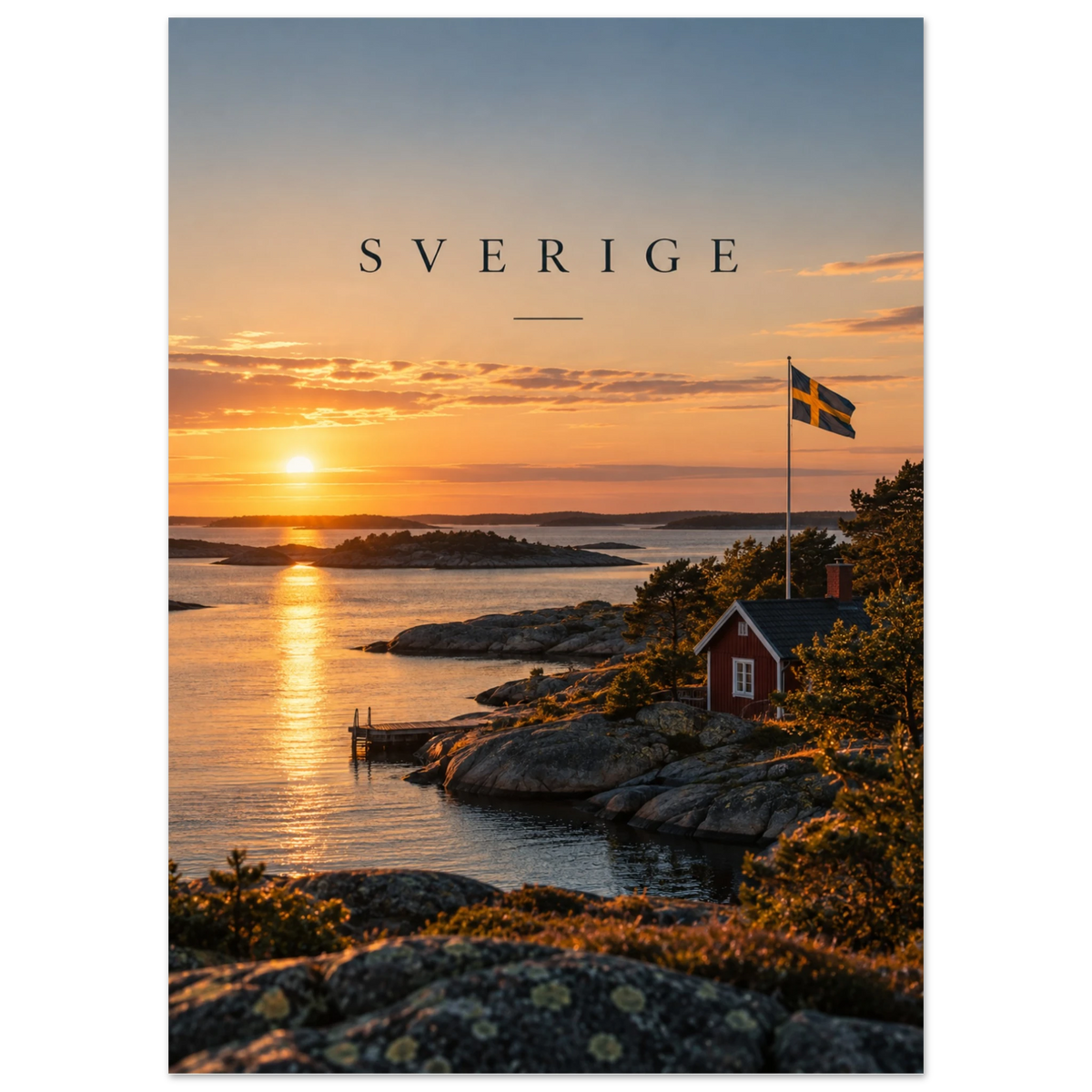 Poster Sverige 50x70 cm – skärgård i solnedgång med röd stuga och svensk flagga