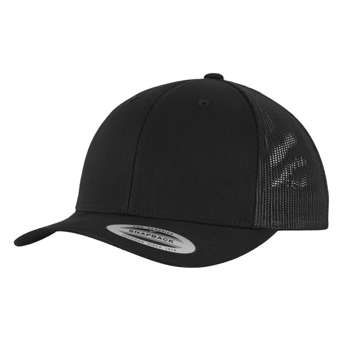 Svart Yupoong Flexfit 6606 truckerkeps i trekvarts vy