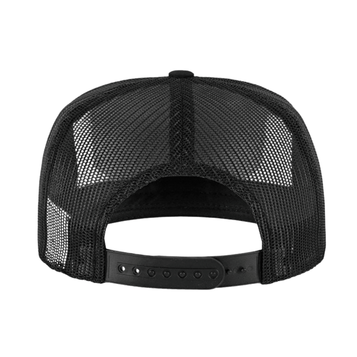 Svart Yupoong Flexfit 6606 truckerkeps bakifrån med snapback