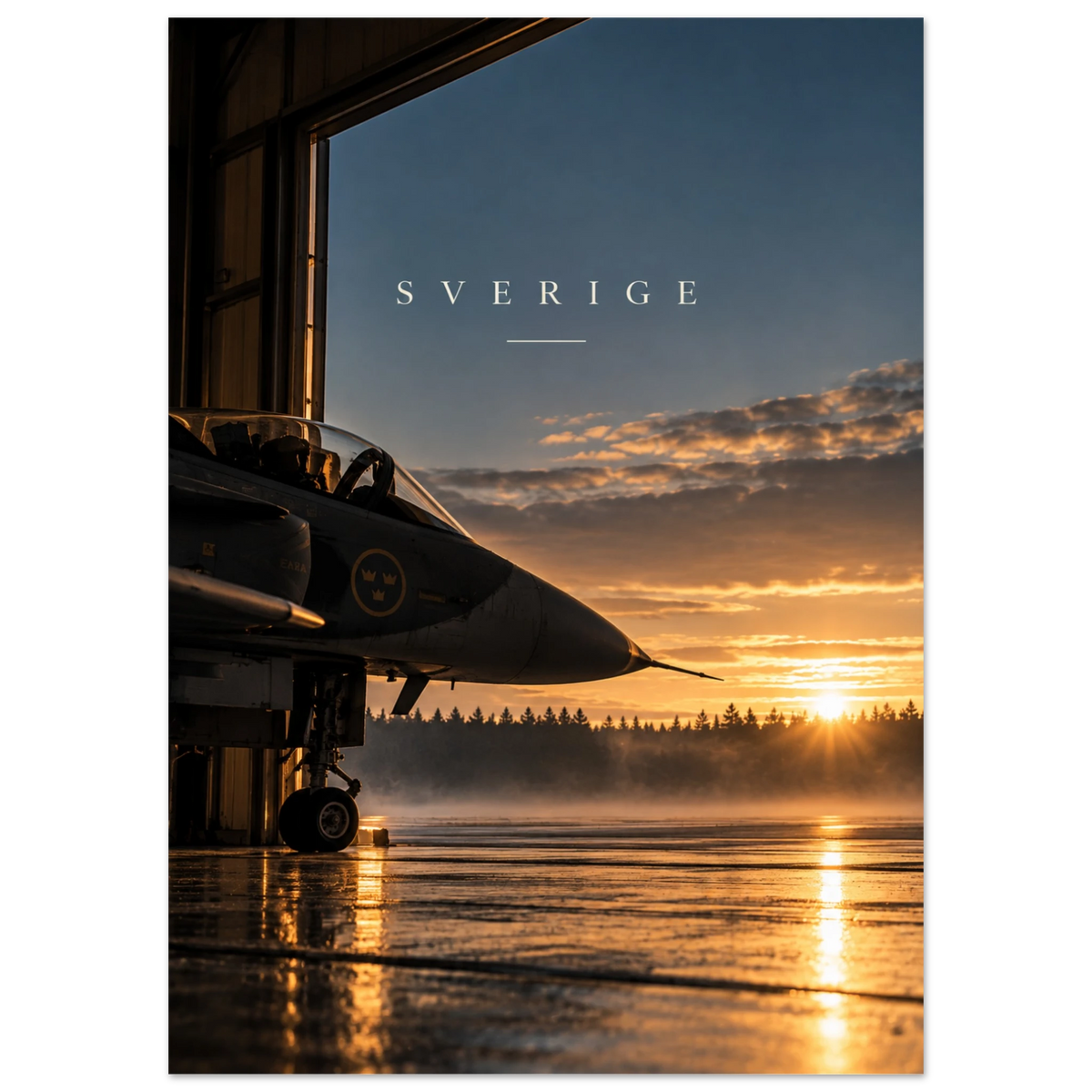 Poster Sverige 50x70 cm – svenskt stridsflygplan i hangarport i motljus