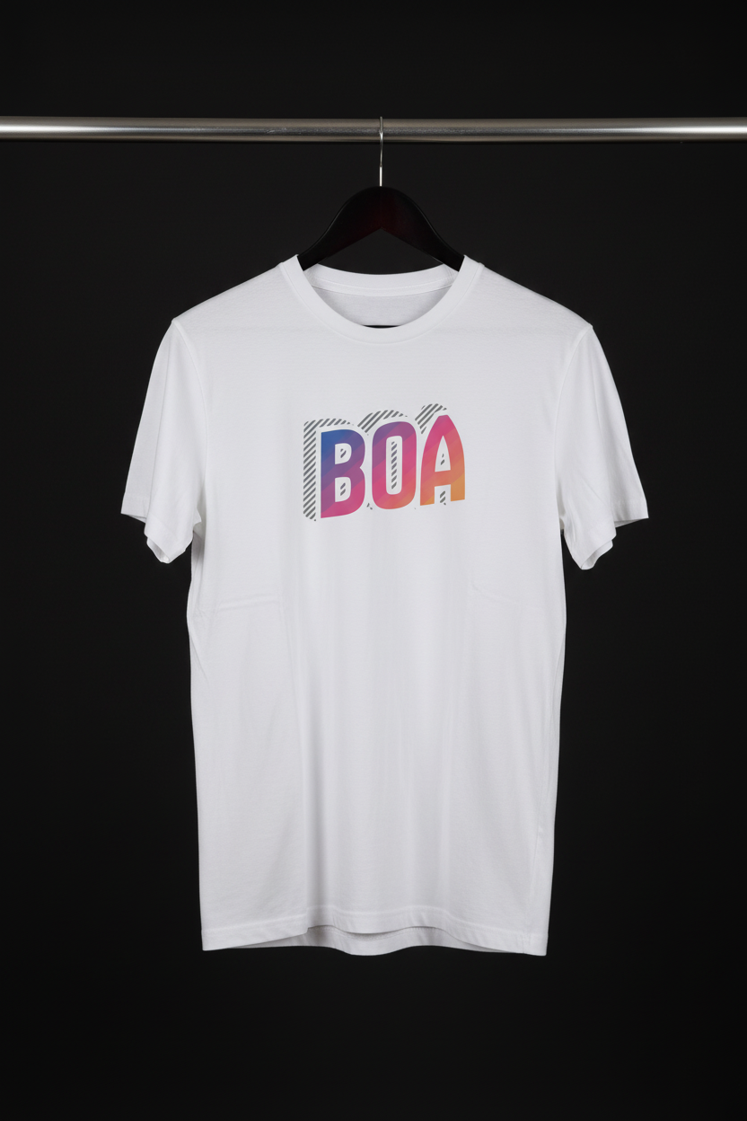 T-shirt - BOA med framsidan och motivet mot kameran på svart trägalge med mörk bakgrund