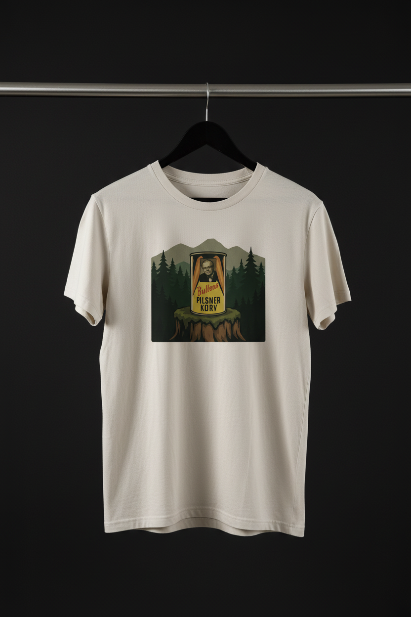 T-shirt - Bullens med framsidan och motivet mot kameran på svart trägalge med mörk bakgrund