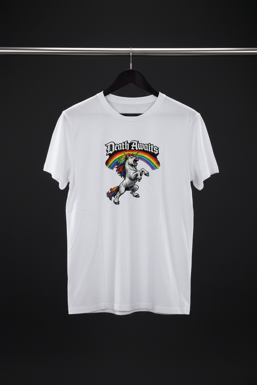 T-shirt - Death Awaits med framsidan och motivet mot kameran på svart trägalge med mörk bakgrund