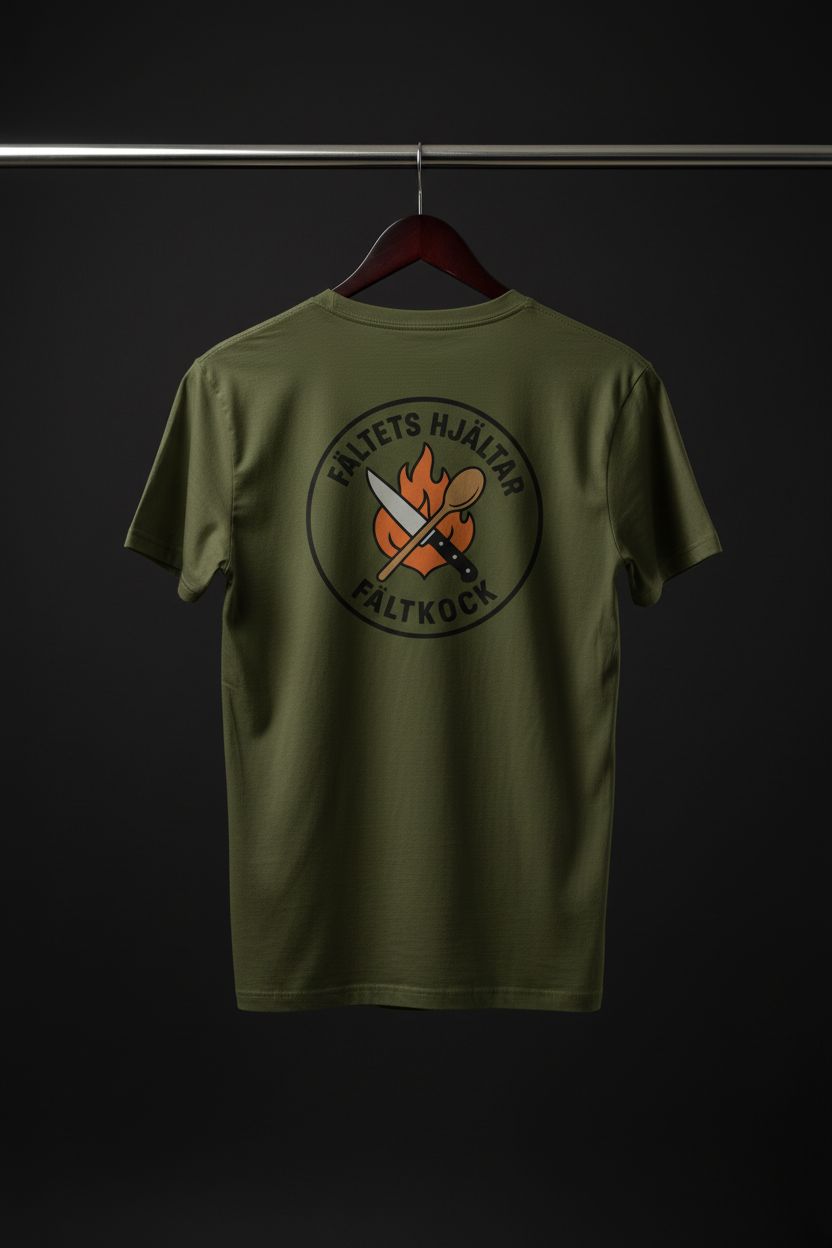 T-shirt - Fältkock Fältets Hjältar med baksidan och motivet mot kameran på svart trägalge med mörk bakgrund