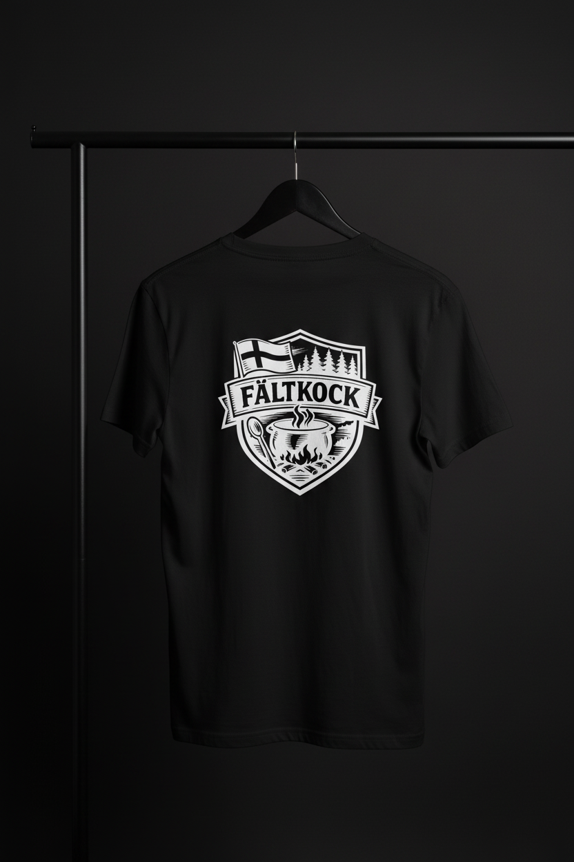 T-shirt - Fältkock med baksidan och motivet mot kameran på svart trägalge med mörk bakgrund
