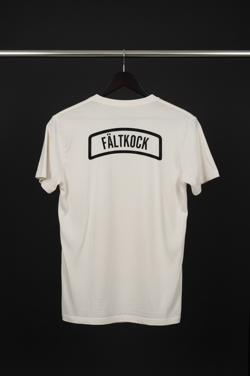 T-shirt - Fältkock med baksidan och motivet mot kameran på svart trägalge med mörk bakgrund