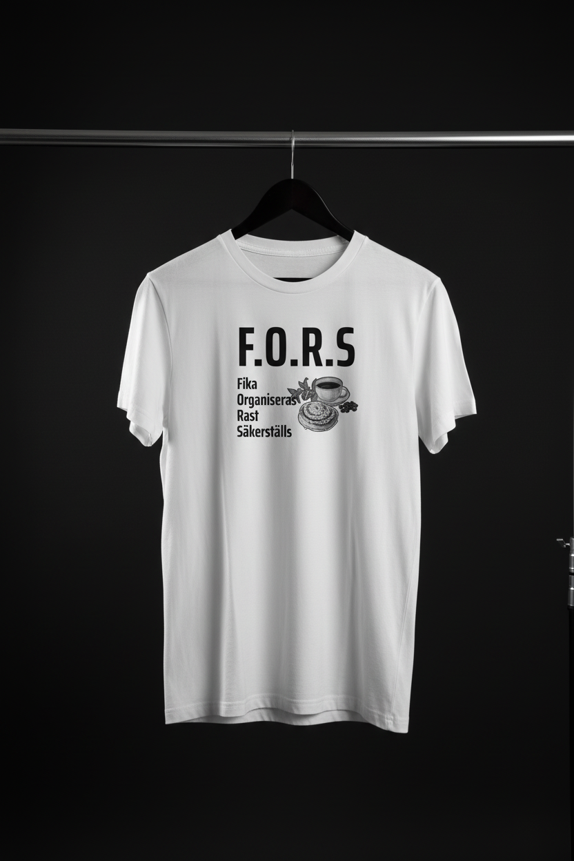 T-shirt - F.O.R.S med framsidan och motivet mot kameran på svart trägalge med mörk bakgrund