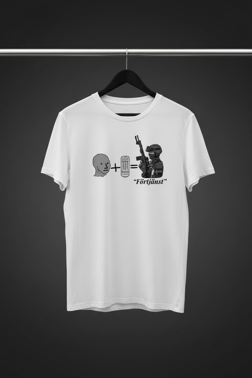 T-shirt - Förtjänst med framsidan och motivet mot kameran på svart trägalge med mörk bakgrund