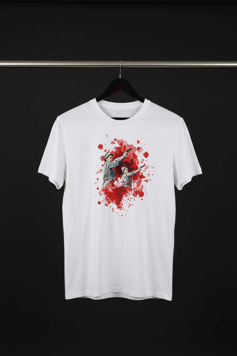 T-shirt - First Aid med framsidan och motivet mot kameran på svart trägalge med mörk bakgrund