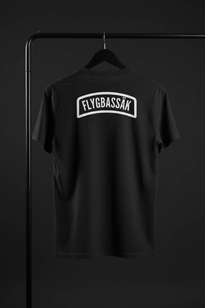 T-shirt - Flygbassäk med baksidan och motivet mot kameran på svart trägalge med mörk bakgrund
