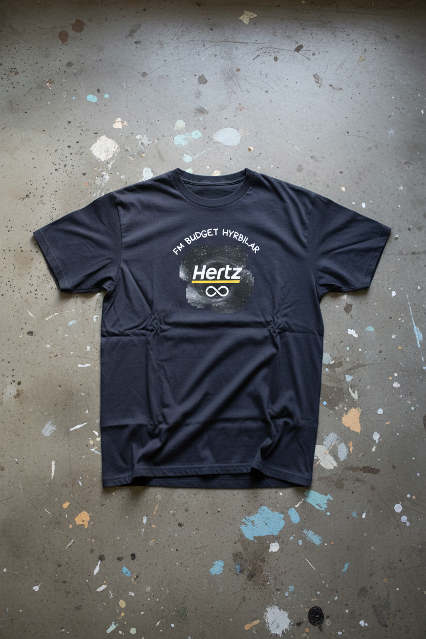 T-shirt FM Budget Hertz – framsida, rakt ovanifrån, betonggolv
