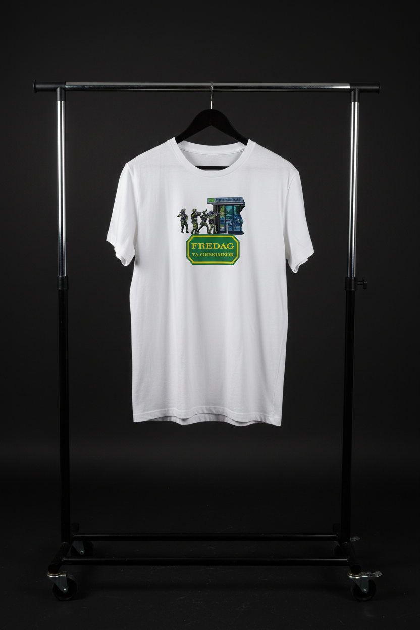 T-shirt - Fredag med framsidan och motivet mot kameran på svart trägalge med mörk bakgrund