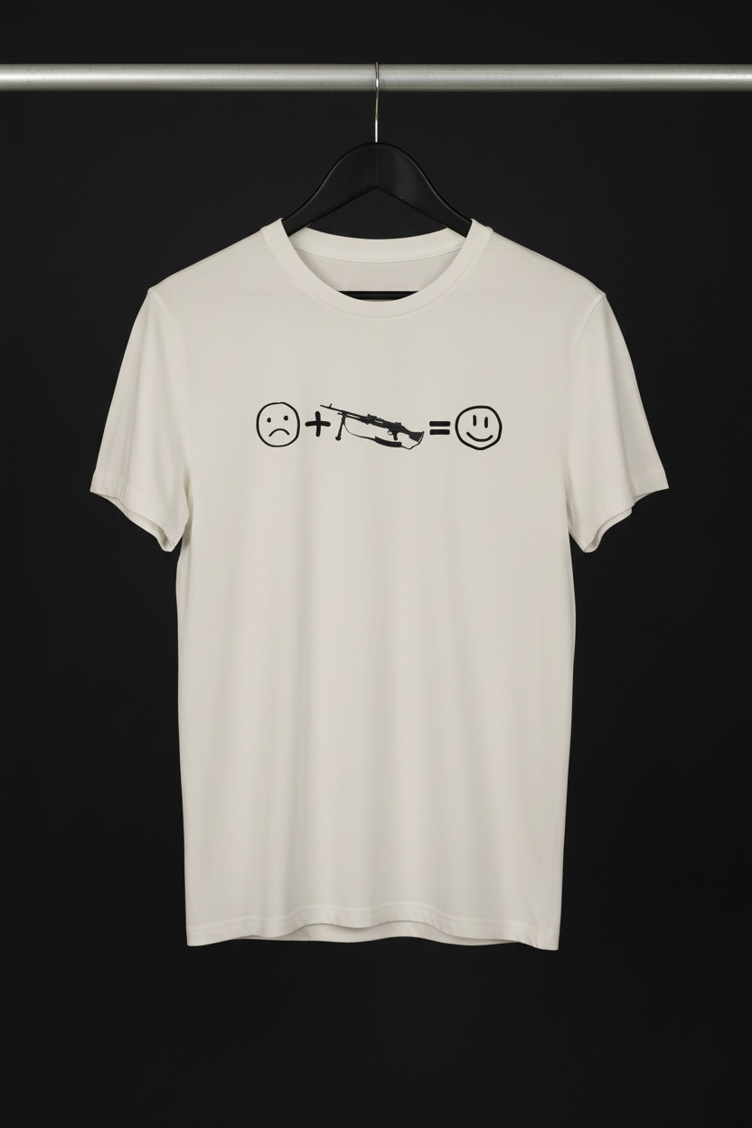 T-shirt - Happy på svart trägalge i fotostudio