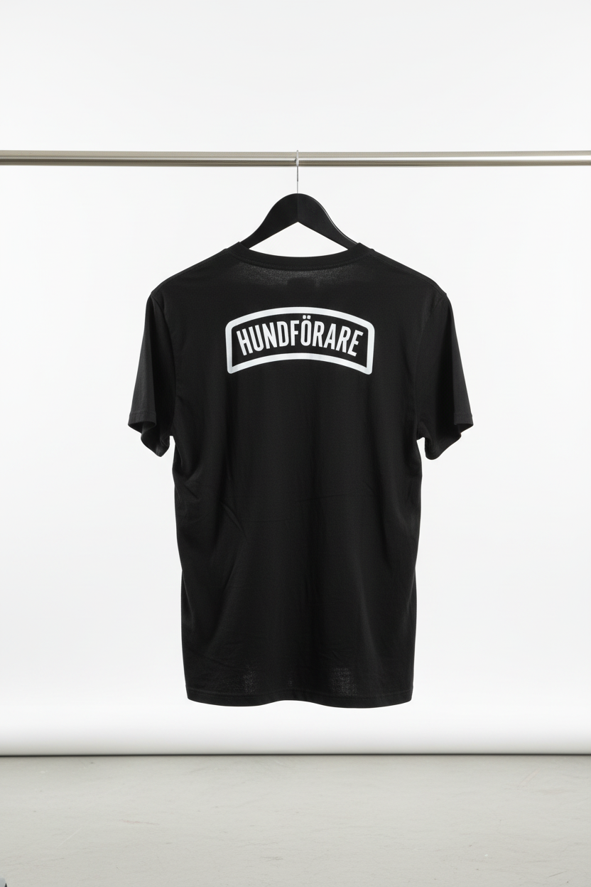 T-shirt - Hundförare med ryggen och motivet mot kameran på svart trägalge med ljus bakgrund