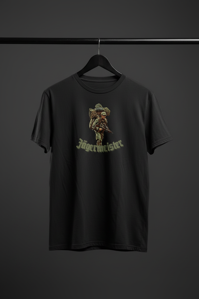 T-shirt - Jägermeister med framsidan och motivet mot kameran på svart trägalge med mörk bakgrund