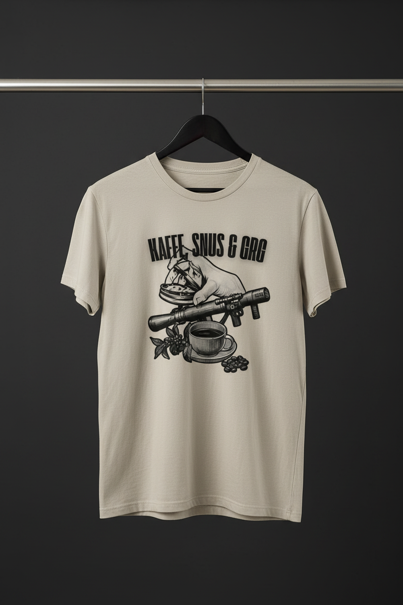 T-shirt - Kaffe, Snus & GRG med framsidan och motivet mot kameran på svart trägalge med mörk bakgrund