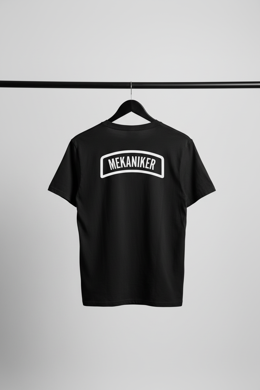 T-shirt - Mekaniker med ryggen och motivet mot kameran på svart trägalge med ljus bakgrund