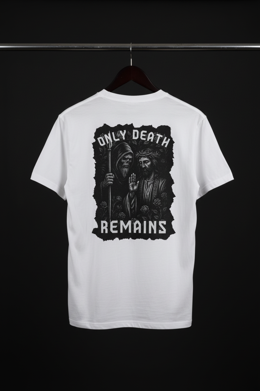 T-shirt - Only Death Remains med baksidan och motivet mot kameran på svart trägalge med mörk bakgrund