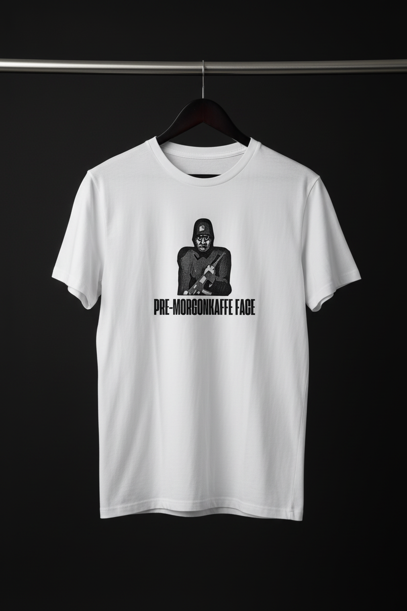 T-shirt - Pre-morgonkaffe face med framsidan och motivet mot kameran på svart trägalge med mörk bakgrund