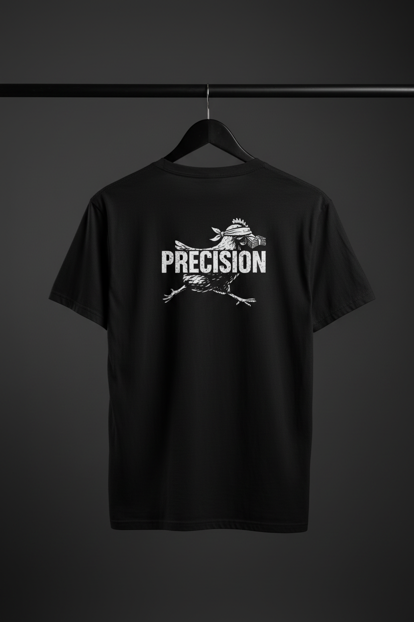 T-shirt Precision med ryggen mot kameran på svart trägalge i fotostudio