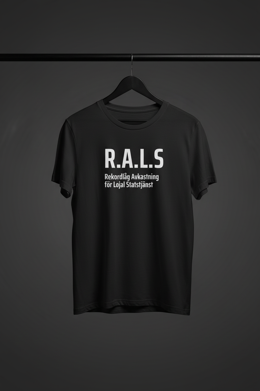 T-shirt - RALS med framsidan och motivet mot kameran på svart trägalge med mörk bakgrund