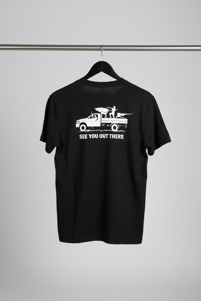 T-shirt See you out there med baksidan och motivet mot kameran på svart trägalge med ljus bakgrund