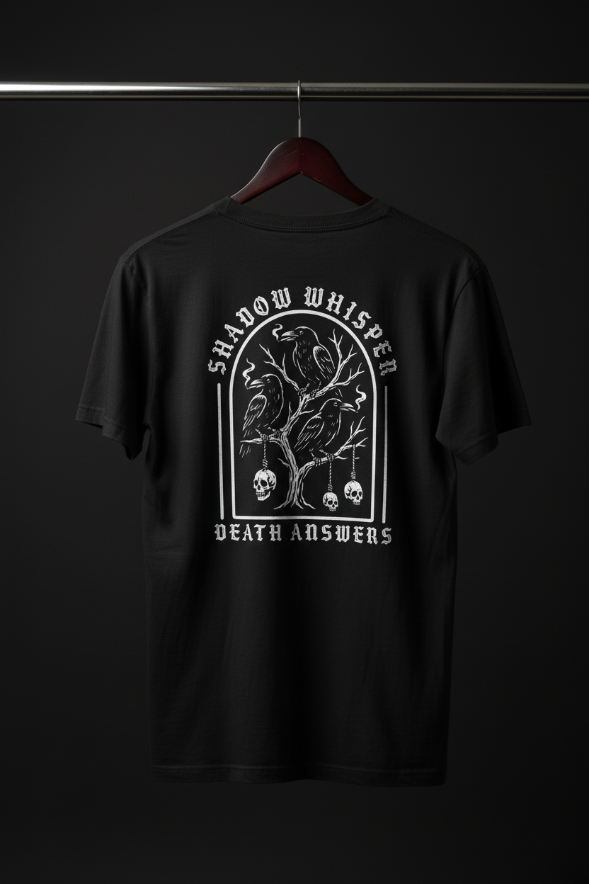 T-shirt - Shadow Whisper med baksidan och motivet mot kameran på svart trägalge med mörk bakgrund