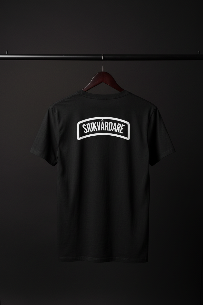 T-shirt - Sjukvårdare med baksidan och motivet mot kameran på svart trägalge med mörk bakgrund