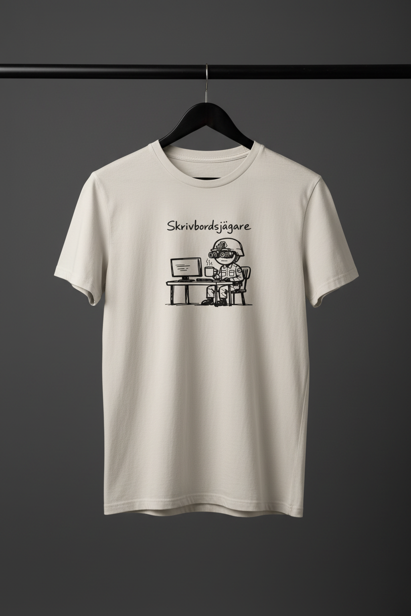 T-shirt - Skrivbordsjägare på svart trägalge i fotostudio