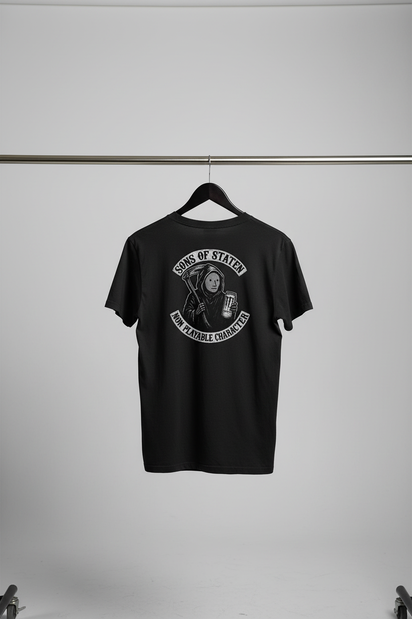 T-shirt - Sons of Staten med baksidan och motivet mot kameran på svart trägalge med ljusgrå bakgrund