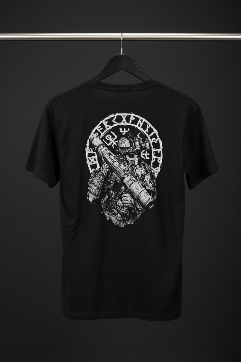 T-shirt Southern Viking med ryggen och motivet mot kameran på svart trägalge med mörk bakgrund