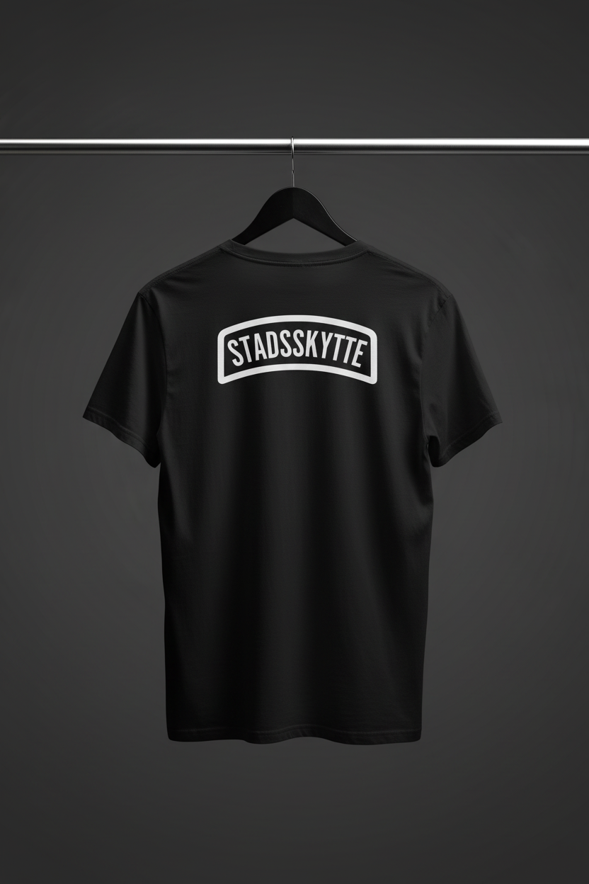 T-shirt - Stadsskytte med ryggen och motivet mot kameran på svart trägalge i fotostudio