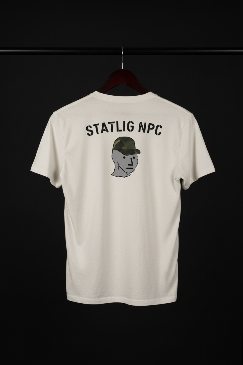 T-shirt - Statlig NPC med baksidan och motivet mot kameran på svart trägalge med mörk bakgrund
