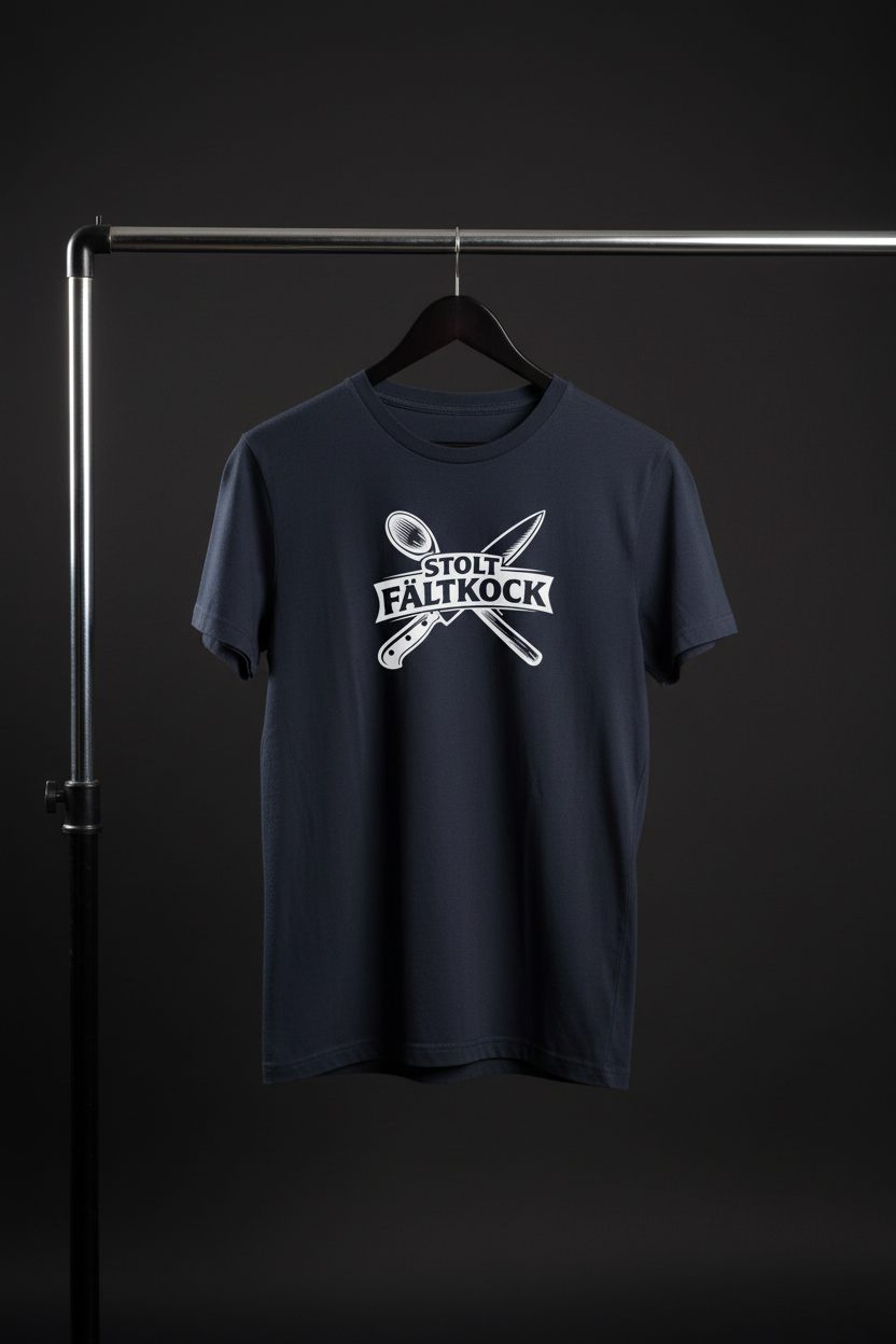 T-shirt - Stolt Fältkock med framsidan och motivet mot kameran på svart trägalge med mörk bakgrund