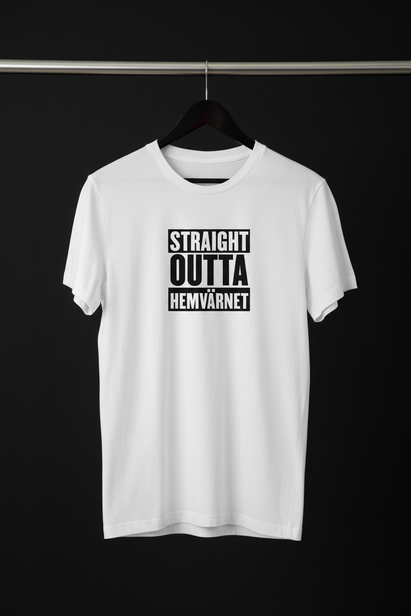 T-shirt - Straight Outta Hemvärnet med framsidan och motivet mot kameran på svart trägalge med mörk bakgrund