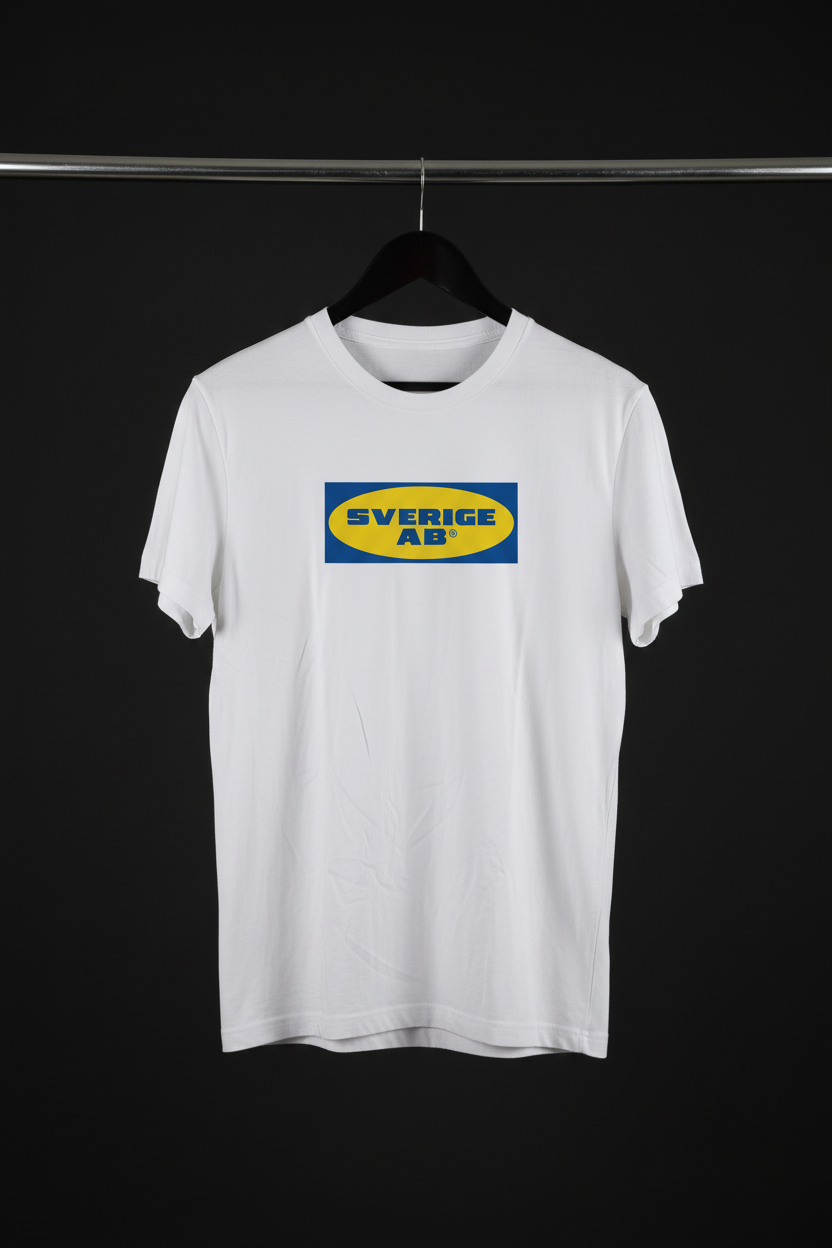 T-shirt - Sverige AB med framsidan och motivet mot kameran på svart trägalge med mörk bakgrund