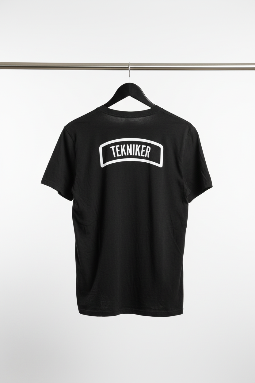 T-shirt - Tekniker med ryggen och motivet mot kameran på svart trägalge med ljus bakgrund