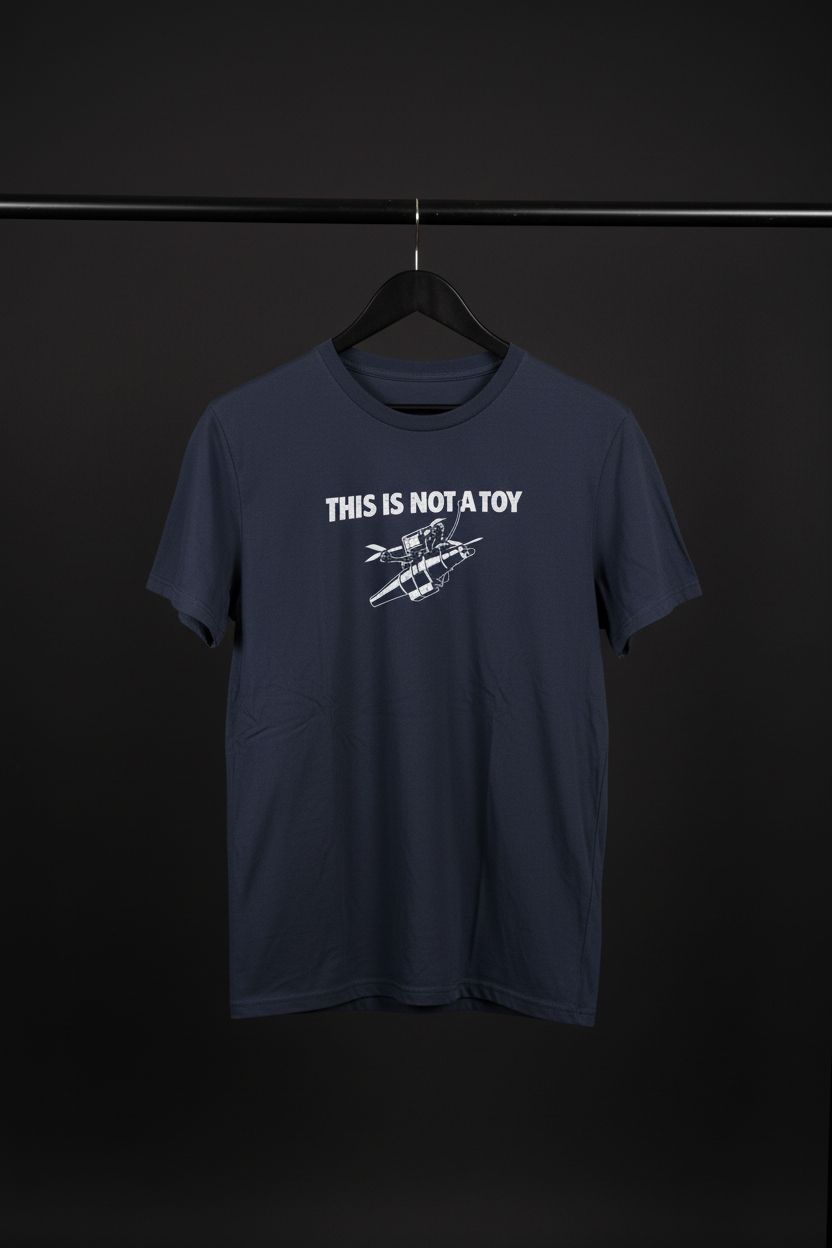 T-shirt This is not a toy med framsidan och motivet mot kameran på svart trägalge med mörk bakgrund