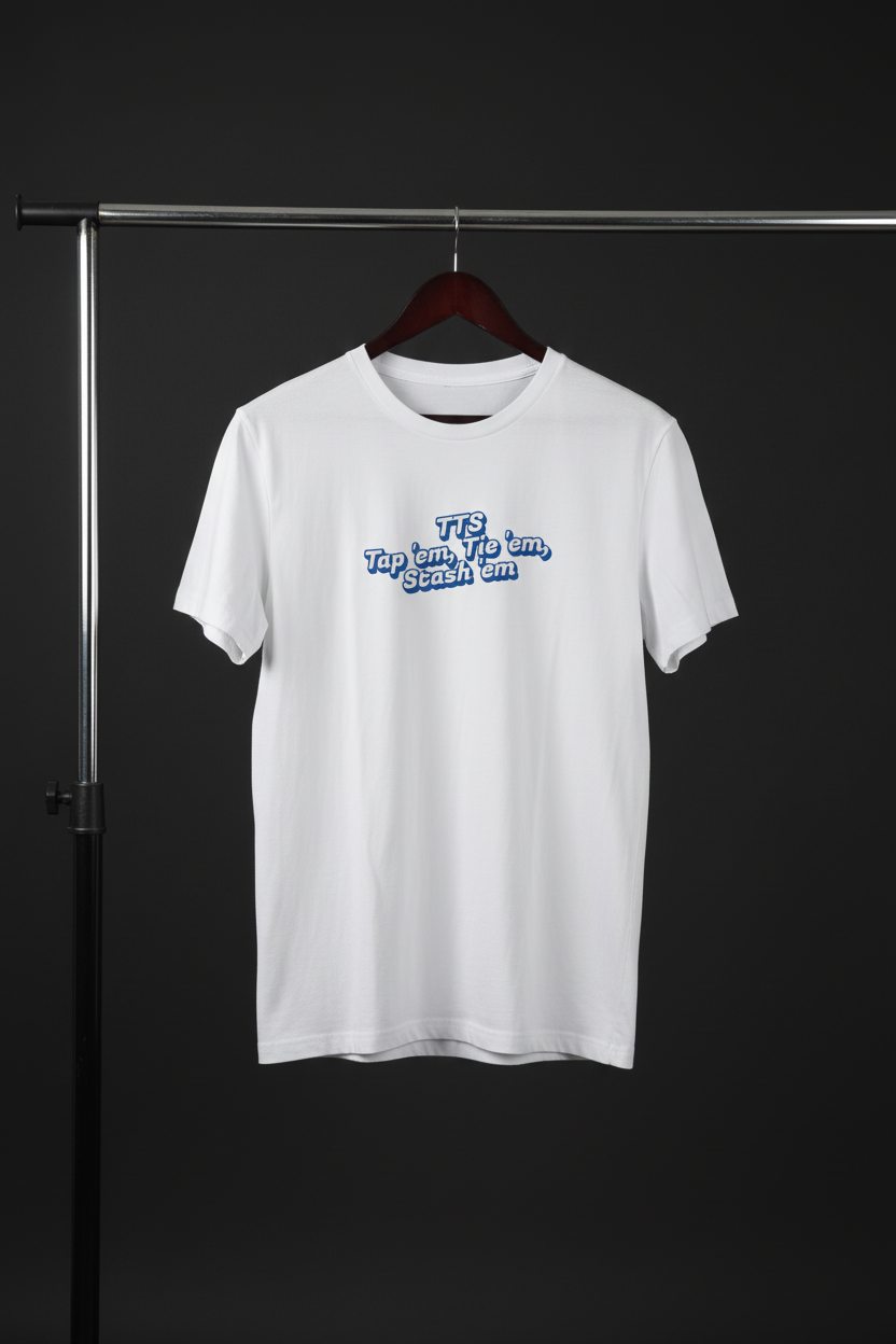 T-shirt - TTS på svart trägalge i fotostudio