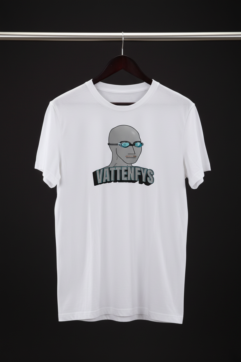 T-shirt - Vattenfys med framsidan och motivet mot kameran på svart trägalge med mörk bakgrund